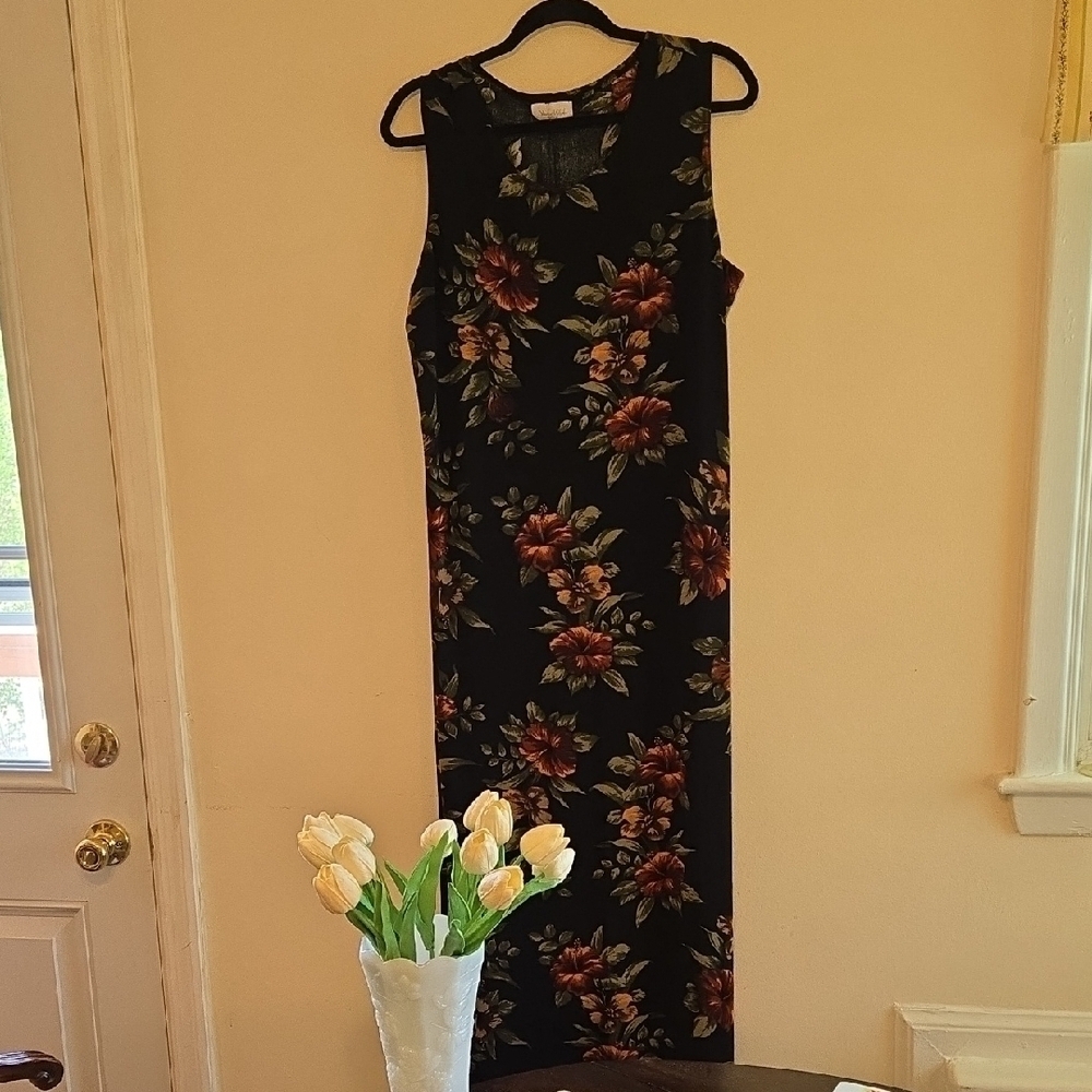 Vintage Studio Works Black And Green Sheath Maxi Dress Sleeveless Cocktail